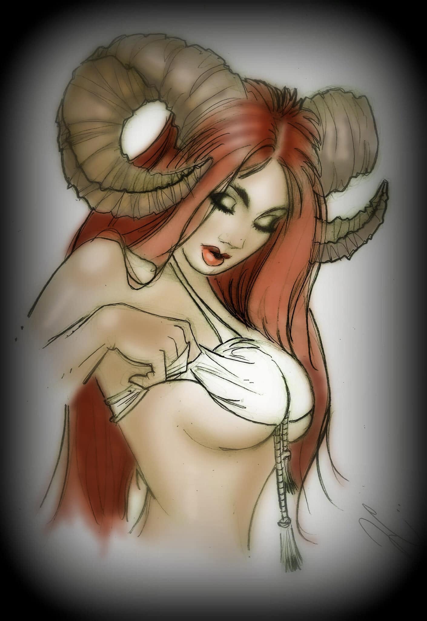 Gregorio Lagarino fantasy pin-up illustration featuring a red-haired woman with ram horns