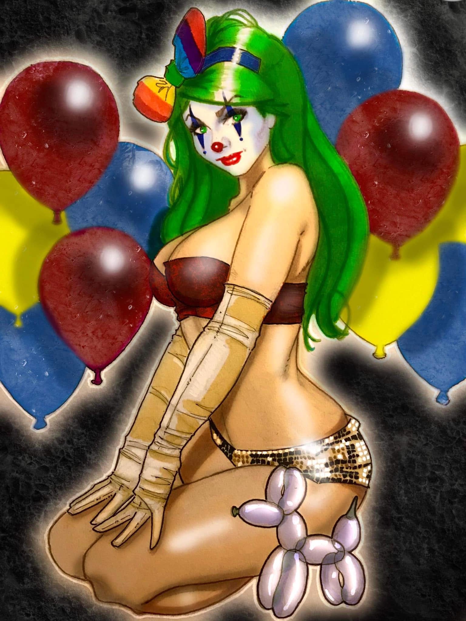 Gregorio Lagarino colorful green-haired clown pin-up illustration with balloons