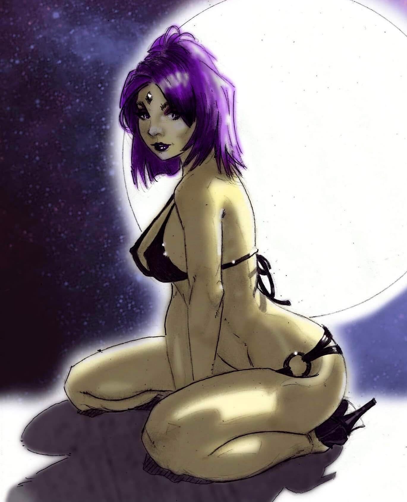 Gregorio Lagarino purple-haired gothic fantasy pin-up posed before a full moon