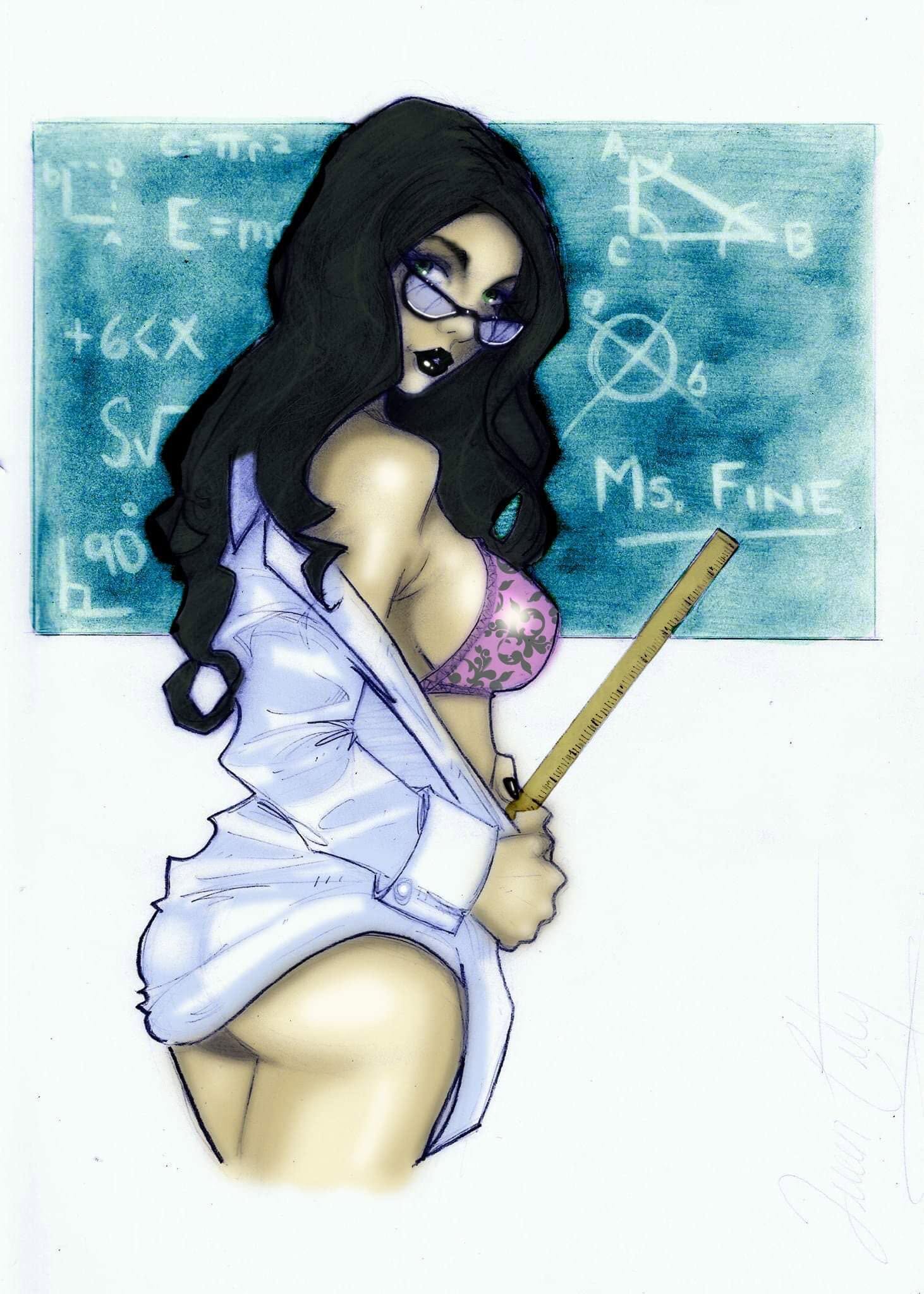 Gregorio Lagarino Ms. Fine classroom-themed pin-up illustration featuring a dark-haired woman with glasses