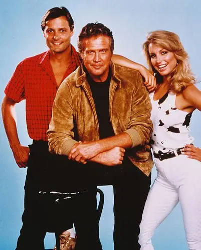 Original The Fall Guy television cast with Douglas Barr as Howie Munson, Lee Majors as Colt Seavers and Heather Thomas as Jody Banks