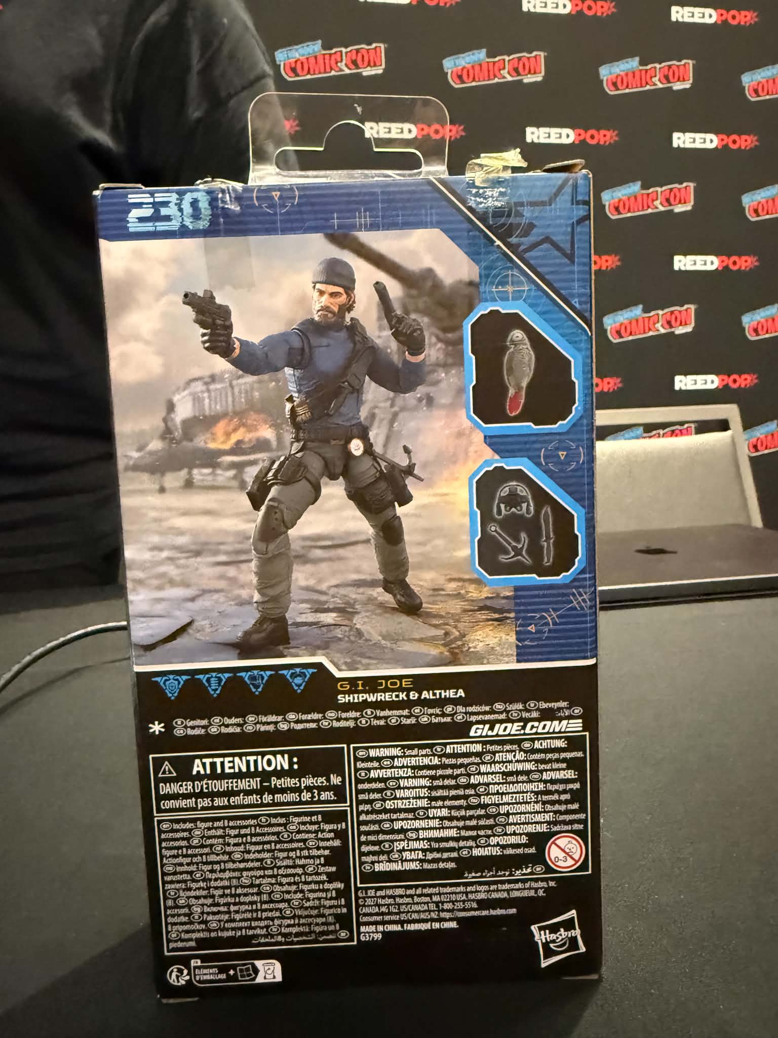 Closeup photograph of G.I. Joe Classified Hardball figure and accessories in box NYCC 2026