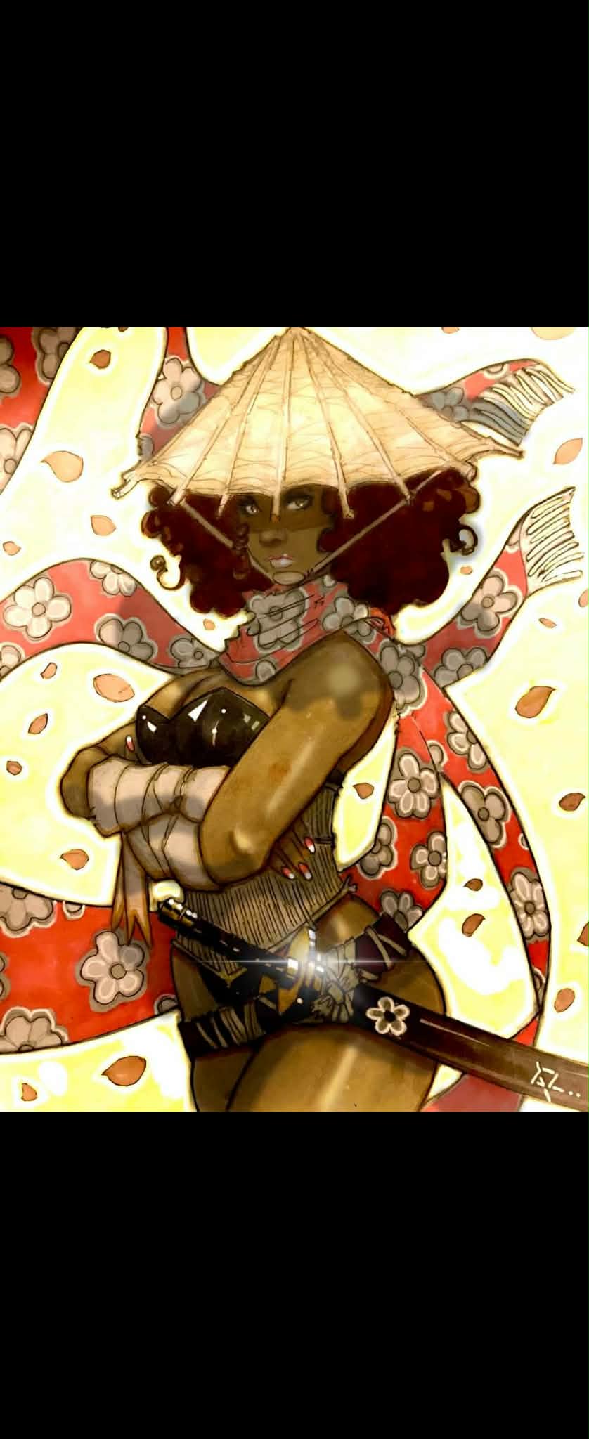 Gregorio Lagarino warrior woman illustration with straw hat, floral scarf, and sword